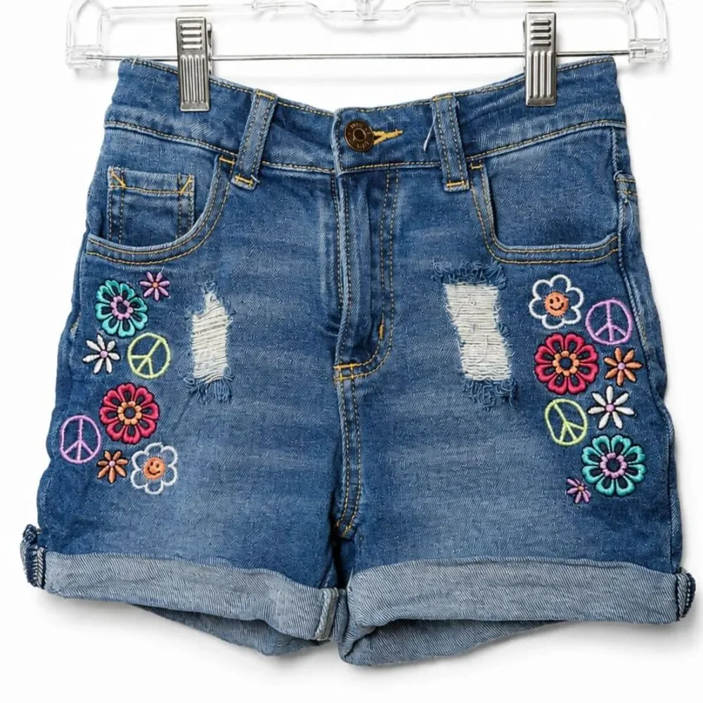 Justice Girls 10 Embroidered Distressed Denim Shorts Blue Cuffed Stretch Floral